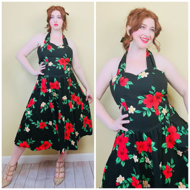 1990s Vintage Hawaiian Cotton Smocked Back Halter Dress / 90s Red Hibiscus Fit and Flare Floral Sundress / Size Large 