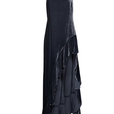 Reformation - Dark Grey Velvet Dress w/ Ruffled Asymmetrical Hem Sz M