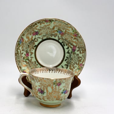 vintage Colclough China Tea Cup Mint Green with Pink Roses 