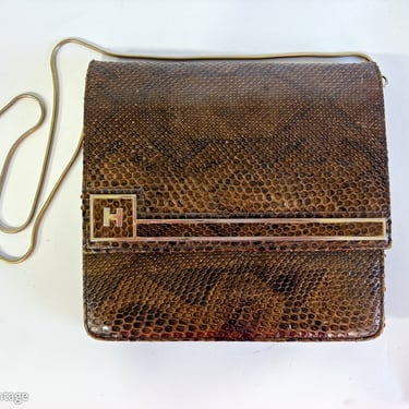 1980s Brown Snakeskin Purse | 80s Dark Brown Snakeskin Shoulder Bag |  H 