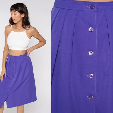 Purple 70s Skirt Midi Skirt High Waisted 70s Mod Skirt Button Up Pleated Retro 1970s Vintage Polyester Small S 