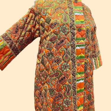 Vintage House Coat Retro 1960s Mid Century Modern + No Size Tag + Orange + Paisley + Quilted + Button Up + Womens  Robe + MCM Dressing Gown 