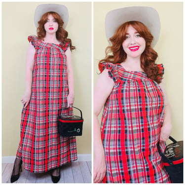 1970s Vintage Cotton Canvas Plaid Maxi Dress / 70s / Seventies Red and Blue Ruffled Pinafore Dress / Medium 