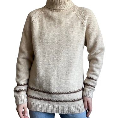 Vintage Hand Knit Alpaca Beige Tan Turtleneck Striped Minimalist Sweater Sz XL 