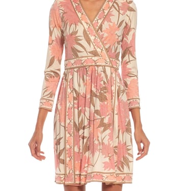 1970S Emilio Pucci Cream, Brown  Pink Floral Silk Rayon Blend Signed Dress 