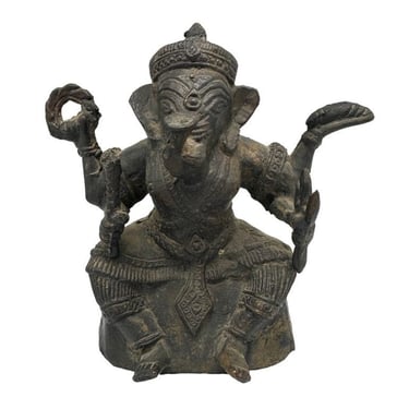 Antique Bronze Ganesha Seated Meditation Four Hands Hindu Ganapati Sculpture 