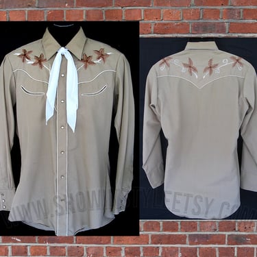 Tem Tex Vintage Western Men's Cowboy Shirt, Rodeo Shirt, Beige with Bold Embroidered Floral Designs, Approx. Medium (see meas. photo) 
