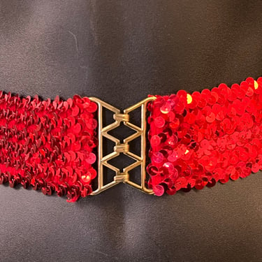 red sequin stretch belt 1970s gold buckle elastic waspie small medium 