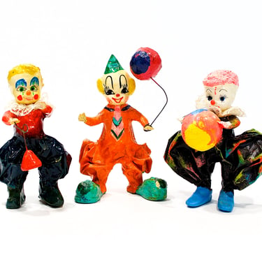 VINTAGE: 3 Mexican Folk Art Paper Mache Clown - Colorful Clown Figurines - Hecho en Mexico - Clown with Ball, Balloon - SKU 28-C1-000120104 