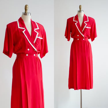 red silk midi dress 80s vintage red white short sleeve dress 