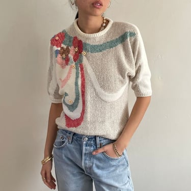 Vintage Cotton Intarsia Floral Batwing Sweater - White