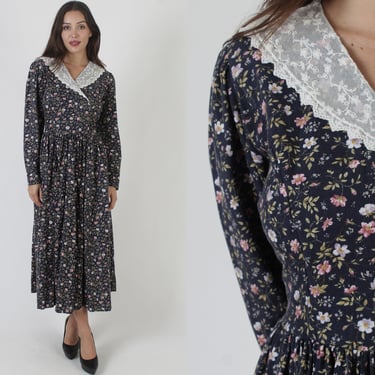 Laura Ashley Navy Flower Dress / Romantic Rustic Garden Floral / 80s Wildflower Lace Collar Country Maxi Large 