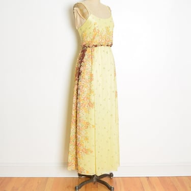 vintage 70s dress hippie boho floral border print sun dress long maxi yellow XS clothing 