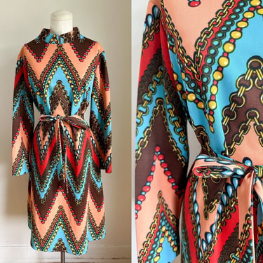 Vintage 1970s Jewel & Chain Chevron Dress / L 