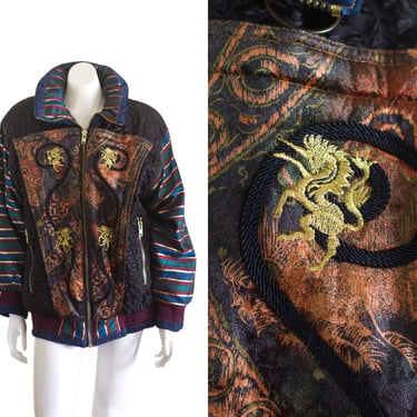 Vintage 1990s Puffy Winter Coat - Quilted Black Jacket with Embroidered Unicorns 