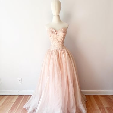 SIZE XXS / XS 1950s Floor Length Gown Baby Pink / 50s Frothy Prom Homecoming Dance Dress / Vintage Shelf Bust Strapless Princess Quinceanera 