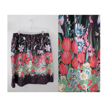 Vintage Floral Midi Skirt - High Waisted Elastic Waist Boho Flower Print - Spring Summer Skirt - Plus Size XXL 1X 