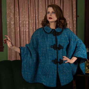 1960s Cape - Gorgeous 60s Woven Tweed Mohair Cape with Black Trim and Bold Frog Closures 