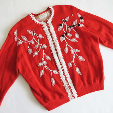 Vintage 50s Beaded Lambswool Cardigan S M  - 1950s Red Womens Button Up Cardigan Sweater - Rockabilly Pin Up Sweater 