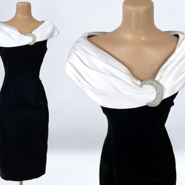 VINTAGE 80s 90s Celestial Moon Velvet Cocktail Party Dress by Late Edition | 1990s Black and White Prom Dress | VFG 