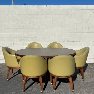 7pc Mid Century Modern Dining Table and Chairs by Chet Beardsley for California Living Designs Game Table Spider Base Vinyl Armchairs 