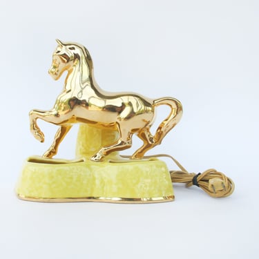 22K Gold Painted Midcentury Horse TV Lamp with Yellow Ceramic Planter Base 