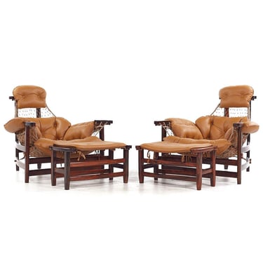 Jean Gillon Jangada Mid Century Brazilian Rosewood and Leather Lounge Chairs with Ottomans - Pair - mcm 