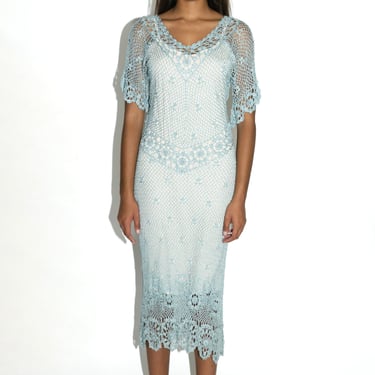Pale Blue Short Sleeve Beaded Crochet Dress