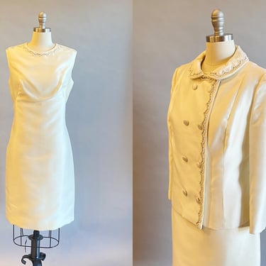 1960's Ivory Suit / 60's Sheath Dress and Matching Jacket / Short Wedding Dress / Silk and Mohair Dress Set / Size Large/ Size XL 