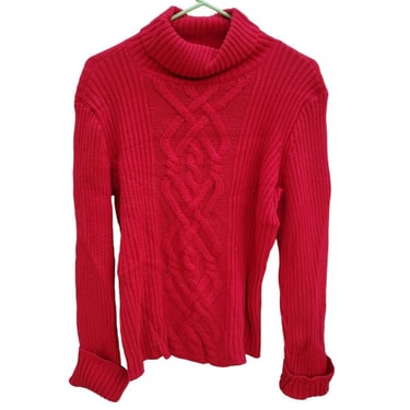 Chaps Ferrari Red Cable Knit Sweater Extra Long Sleeves Turtleneck Cotton Poly M 