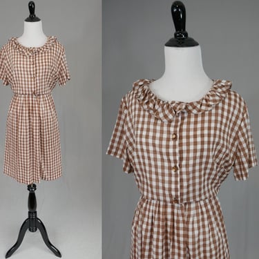60s 70s Gingham Dress - Thin Brown White Checkered - Full Skirt - As Is for Costume - Vintage 1960s 1970s - L XL 