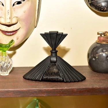 Vintage Black Satin Glass Art Deco Perfume Bottle by Silvestri, Beautiful Decorative Perfume Bottle W/ Matching Stopper, Fan Design, 4