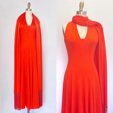 Shannon Rogers 1960s maxi dress and fringe shawl, 70s hippie bohemian long dress, orange dress matching set, 60s dress, mod evening dress 