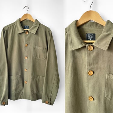 Washed Green Workwear Jacket - 60s Style French Herringbone Cotton Twill - Faded Army Khaki Chore Shirt - S M L XL 