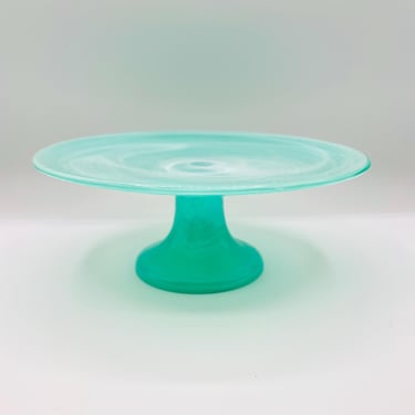 Aqua and White Alabaster Style Swirl Cake/Dessert Glass Stand. by LeChalet