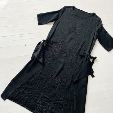 Vintage Beaded Black Rayon Crepe Dress 