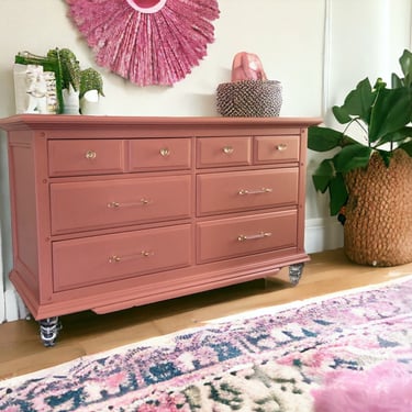 SOLD vintage coral pink dresser with lucite brass pulls and legs 