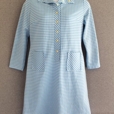 Mid Century - Day Dress - Circa 1970s - Blue Houndstooth - Polyester Knit - by Lady Blair - Estimated size 14 