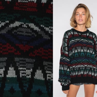 Zig Zag Sweater 80s 90s Geometric Knit Striped Pullover Blue Green Red Black Diamond Print Boho Vintage Grunge Zigzag Retro Mens 2xl xxl 