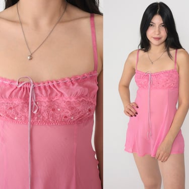 Pink Lingerie Top Y2K Victoria's Secret Babydoll Silk Camisole Sequin Embroidered Tank Open Back Spaghetti Strap Vintage 00s Extra Small xs 