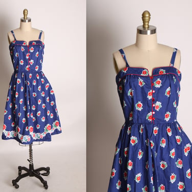 1970s Navy Blue, Red and White Floral Rose Border Print Cottagecore Prairie Sun Dress -S 