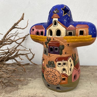 Vintage Peruvian Pottery Night Light, Southwestern, Red Clay Light Cover With Openings, Brugas De Cacique. Hispanic Art, Hand Made Painted 