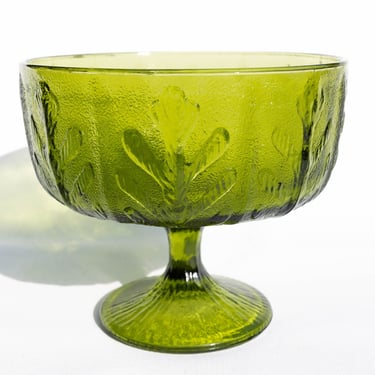 Vintage Green Glass Footed Pedestal Dish, Vintage Compote Bowl, FTP 1978 