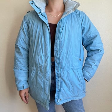 LL Bean Womens Light Blue Goose Down Ski Puffer Parka Fur Hood Jacket Sz M 