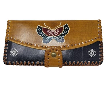 Vintage Butterfly Wallet Embossed Leather Engraved Design Boho Hippie Bill Fold 