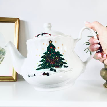 Kopin Teapot Christmas Pleasure, Scalloped with Red Trim, Vintage Fine Porcelain Tea Pot Holiday Decor, Large 6 cup Tea Service 