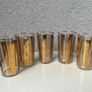 Vintage MCM set 5 tumbler glasses clear with stripe swirl gold pattern 