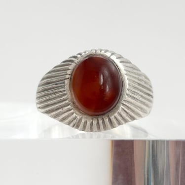 Art Deco Carnelian Gemstone Bezel Set Ribbed Tapered Shank Sterling Silver 925 Stamped Vintage Cabochon Ring - sz 10.75 