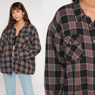 Fleece Lined Flannel Shirt Y2k Black Grey Plaid Button Up Shirt Red Checkered Long Sleeve Grunge Top Vintage 00s Tartan Men's 2xl xxl 