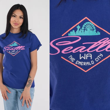 Seattle T-Shirt Y2k Washington T Shirt Emerald City Skyline Graphic Tee Retro Tourist TShirt Travel Top PNW USA Blue Vintage 00s Small S 